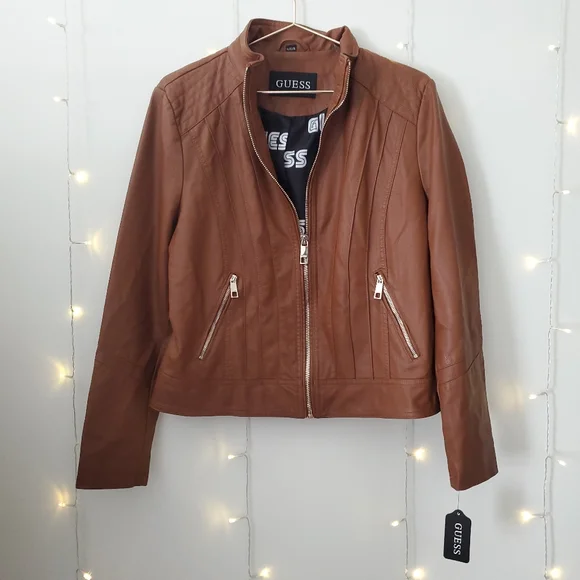 NWT Guess Women's Faux Leather Moto Jacket in Cognac Brown Size XL - Picture 4 of 9